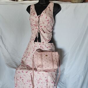 Pink Floral two piece outfit with hello kitty crossbody bag